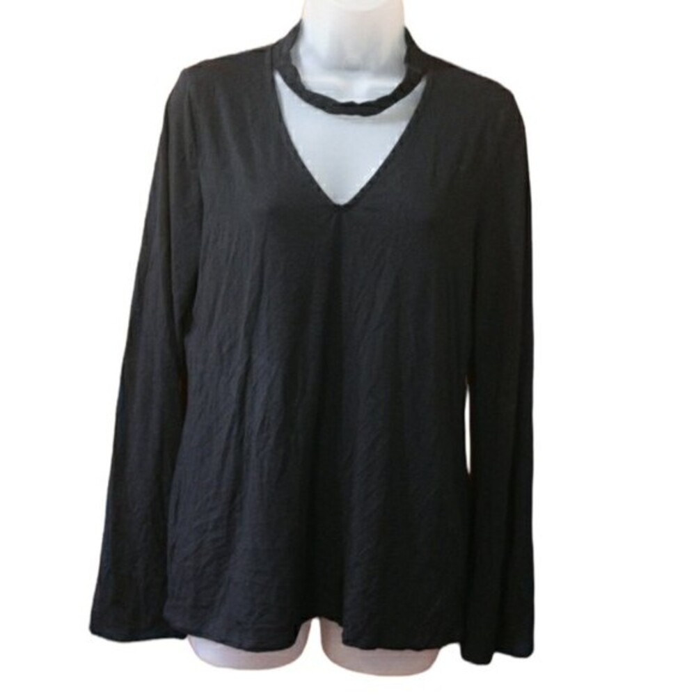 White House Black market Black Long Sleeve Rayon Necklace Choker Top Tshirt LG